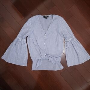 Karen Kane Blue Striped Tie Waist V-Neck Cotton Flared Sleeve Blouse